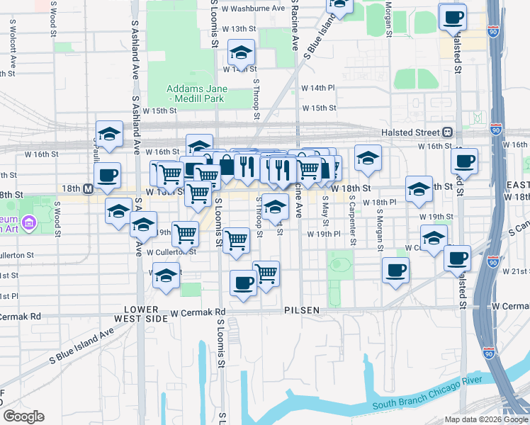 map of restaurants, bars, coffee shops, grocery stores, and more near 1309 West 18th Street in Chicago