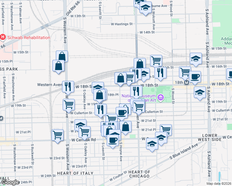 map of restaurants, bars, coffee shops, grocery stores, and more near 2110 West 18th Place in Chicago