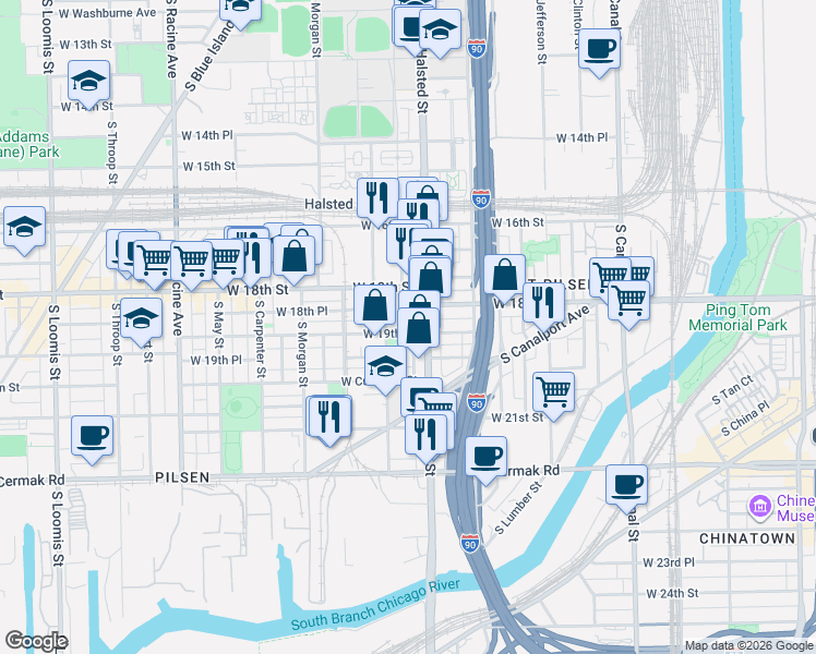 map of restaurants, bars, coffee shops, grocery stores, and more near 1817 South Peoria Street in Chicago