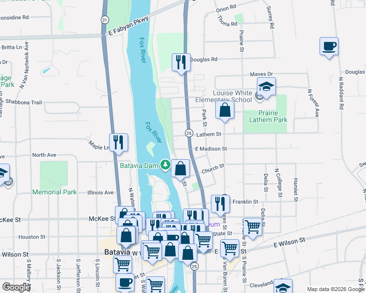 map of restaurants, bars, coffee shops, grocery stores, and more near 119 East Madison Street in Batavia