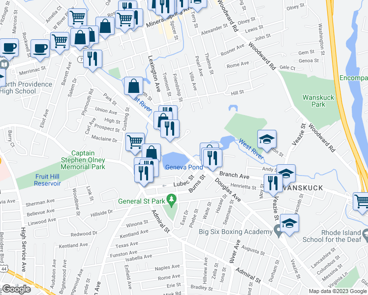 map of restaurants, bars, coffee shops, grocery stores, and more near in North Providence