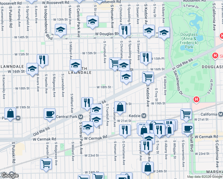 map of restaurants, bars, coffee shops, grocery stores, and more near 1651 South Trumbull Avenue in Chicago
