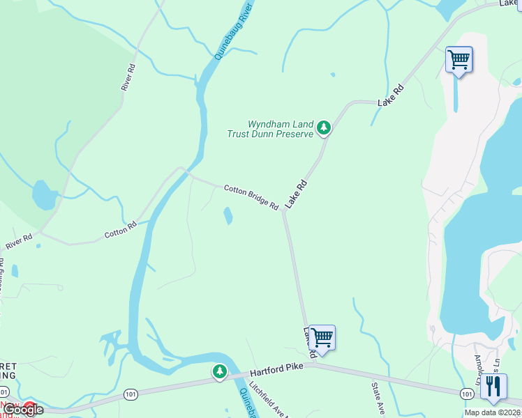 map of restaurants, bars, coffee shops, grocery stores, and more near 15 Cotton Bridge Road in Killingly