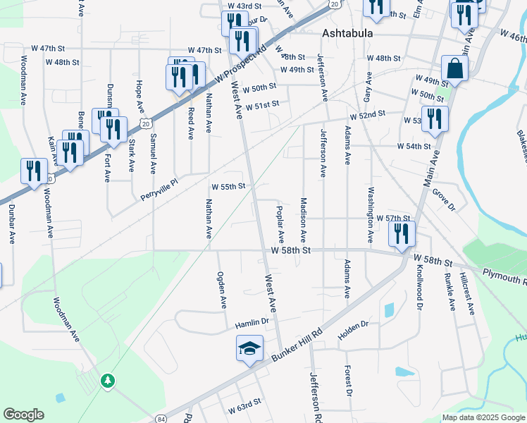 map of restaurants, bars, coffee shops, grocery stores, and more near 5608 West Avenue in Ashtabula