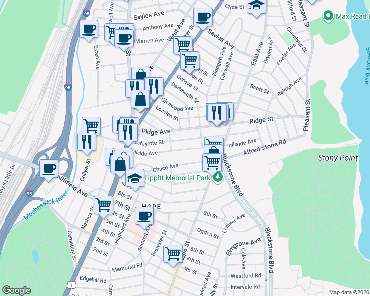 map of restaurants, bars, coffee shops, grocery stores, and more near 176 Lafayette Street in Pawtucket