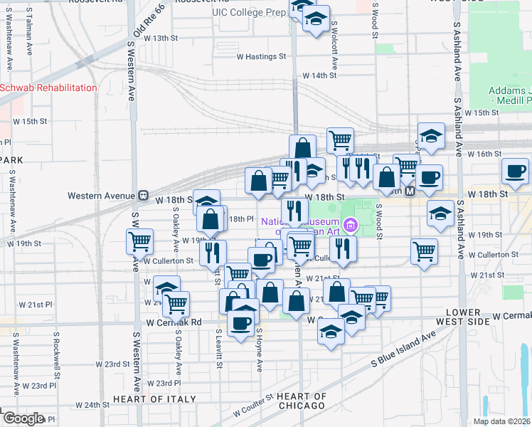 map of restaurants, bars, coffee shops, grocery stores, and more near 2048 West 18th Place in Chicago