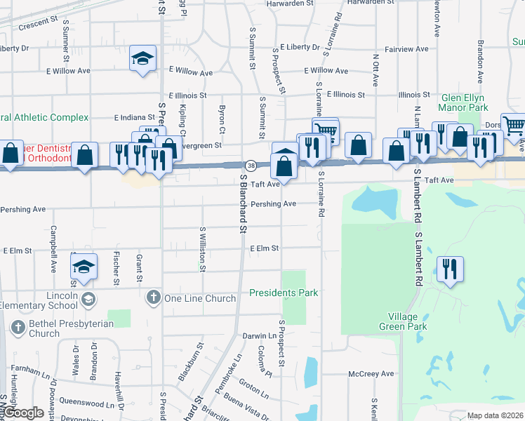 map of restaurants, bars, coffee shops, grocery stores, and more near 1421 Pershing Avenue in Wheaton
