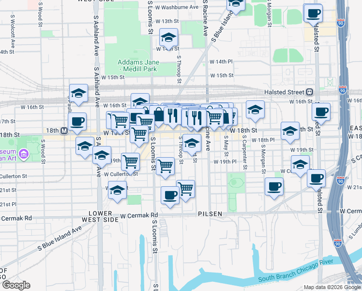 map of restaurants, bars, coffee shops, grocery stores, and more near S Throop St & W 18th Pl in Chicago