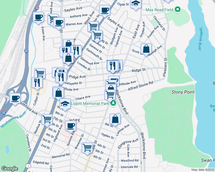 map of restaurants, bars, coffee shops, grocery stores, and more near 132 Lafayette Street in Pawtucket