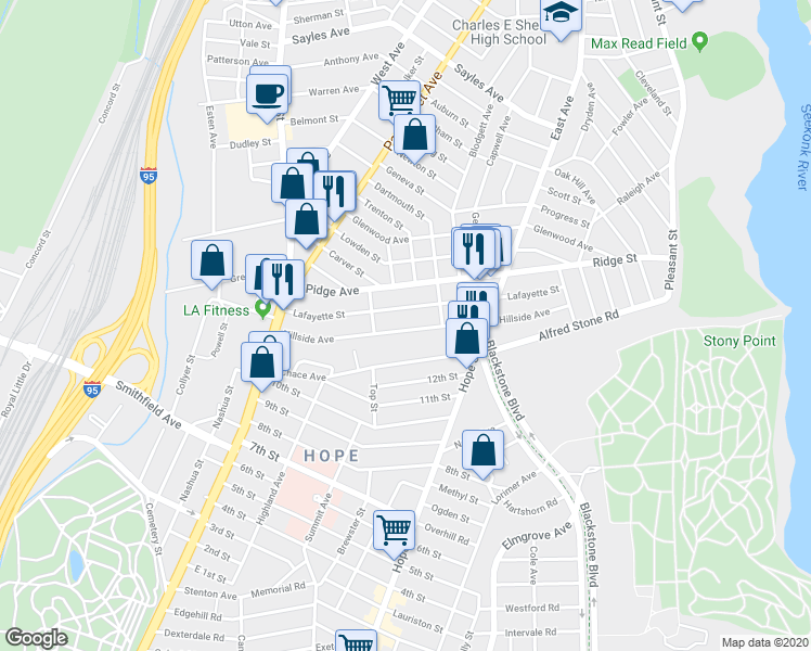 map of restaurants, bars, coffee shops, grocery stores, and more near 176 Lafayette Street in Pawtucket