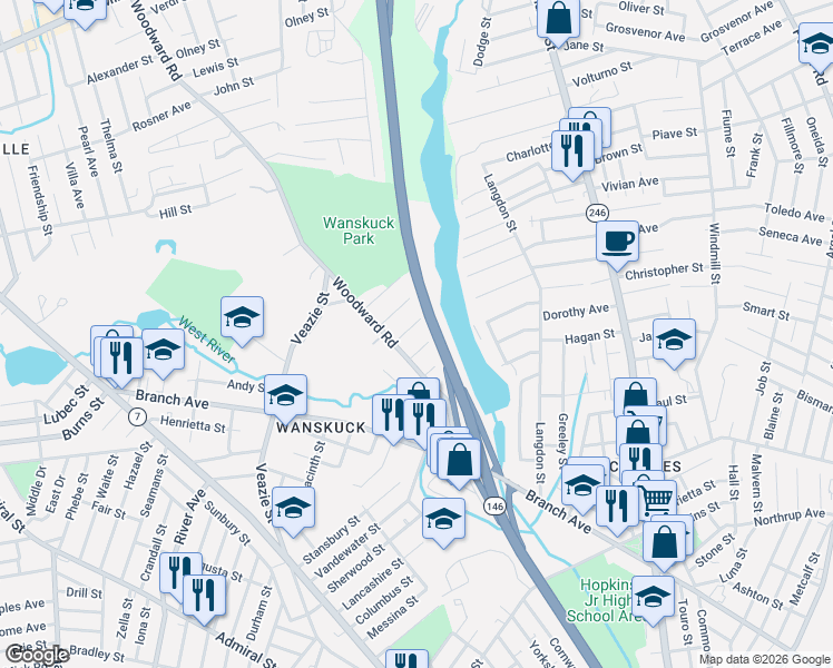 map of restaurants, bars, coffee shops, grocery stores, and more near 34 Iowa Street in Providence