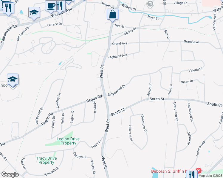 map of restaurants, bars, coffee shops, grocery stores, and more near 15 Eastview Drive in Vernon
