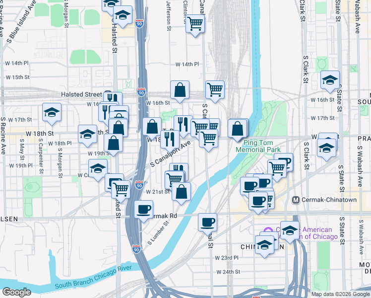 map of restaurants, bars, coffee shops, grocery stores, and more near 541 West 18th Street in Chicago
