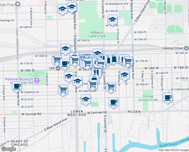 map of restaurants, bars, coffee shops, grocery stores, and more near 1443 West 18th Street in Chicago