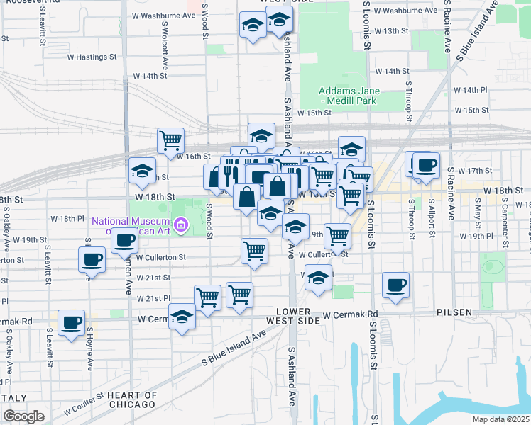 map of restaurants, bars, coffee shops, grocery stores, and more near 1631 West 18th Street in Chicago
