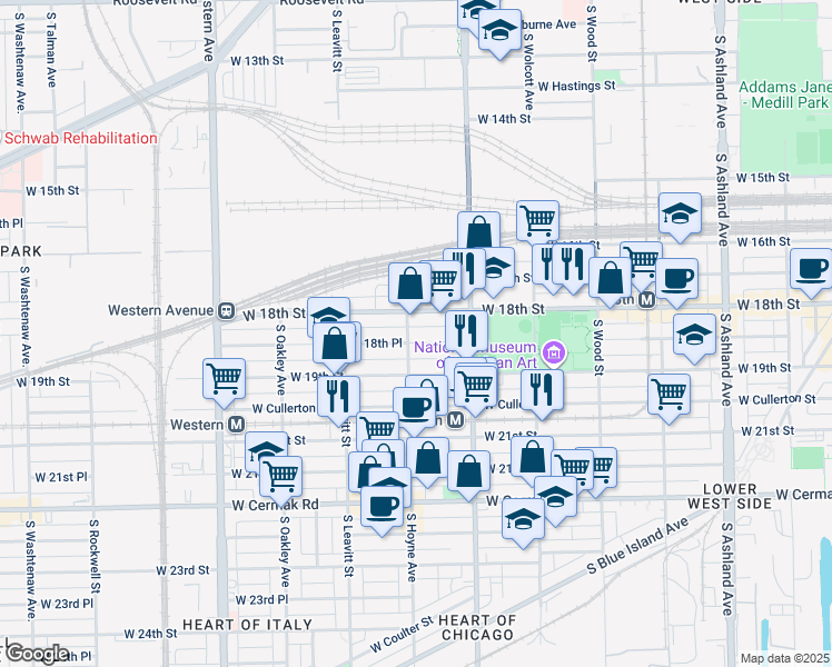map of restaurants, bars, coffee shops, grocery stores, and more near 2051 West 18th Street in Chicago