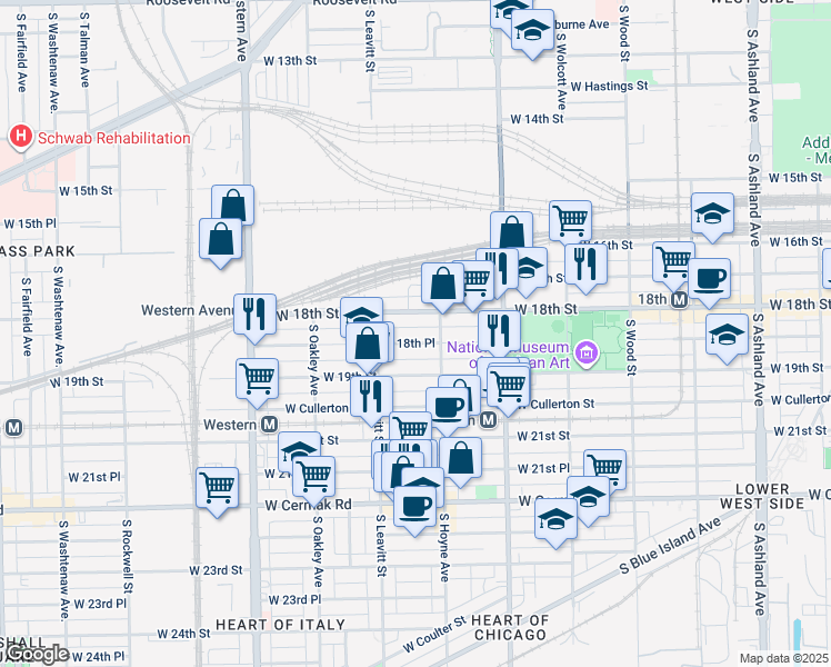 map of restaurants, bars, coffee shops, grocery stores, and more near 2125 West 18th Street in Chicago