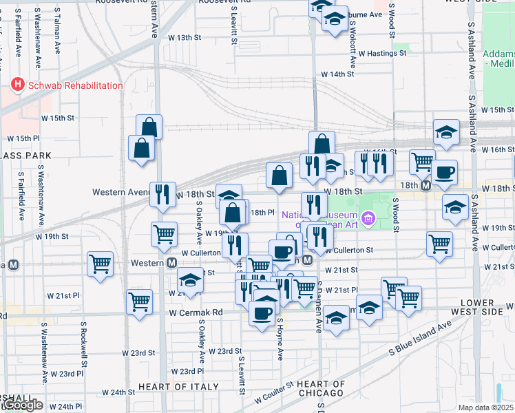 map of restaurants, bars, coffee shops, grocery stores, and more near 2125 West 18th Street in Chicago