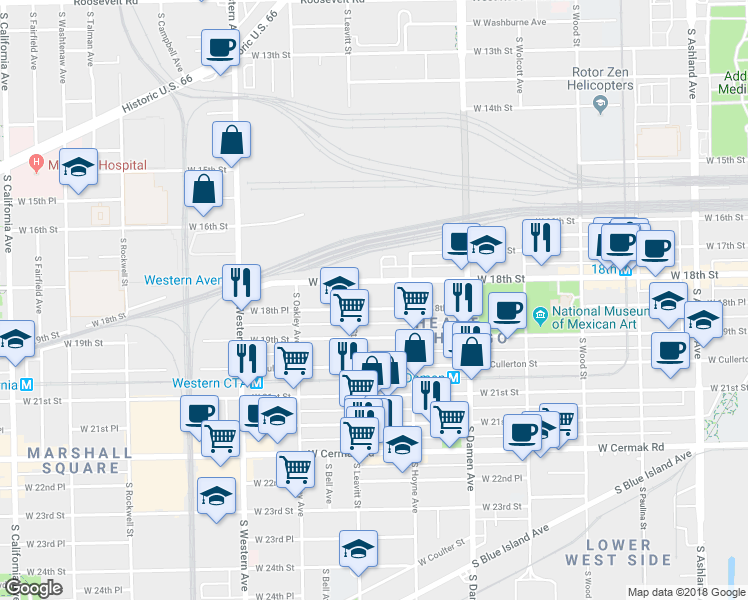 map of restaurants, bars, coffee shops, grocery stores, and more near 2125 West 18th Street in Chicago