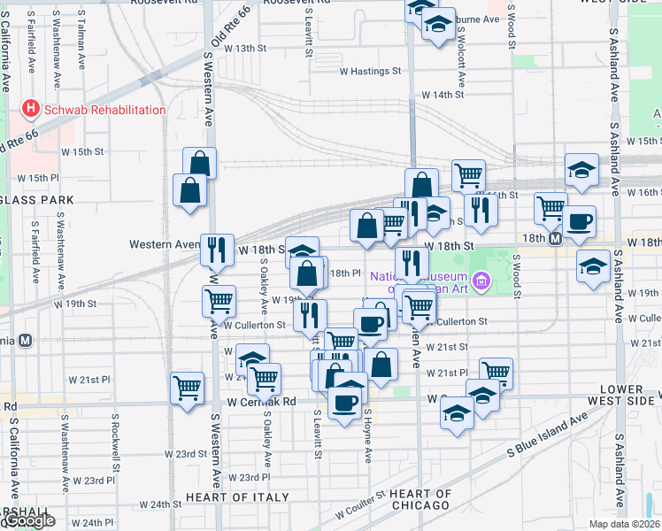 map of restaurants, bars, coffee shops, grocery stores, and more near 2125 West 18th Street in Chicago
