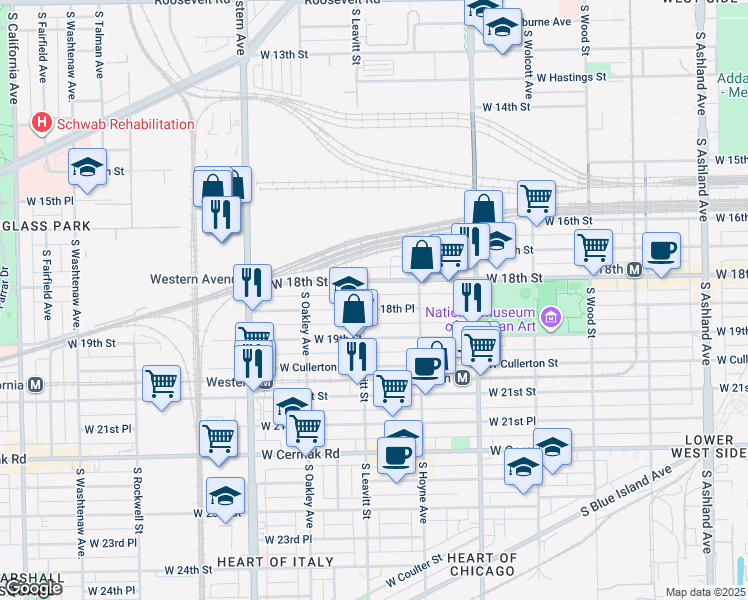 map of restaurants, bars, coffee shops, grocery stores, and more near 2201 West 18th Street in Chicago