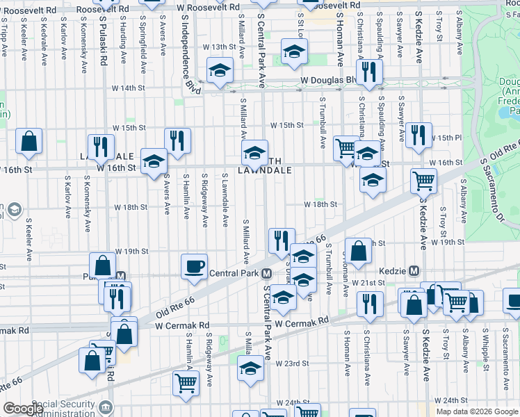 map of restaurants, bars, coffee shops, grocery stores, and more near 1650 South Central Park Avenue in Chicago