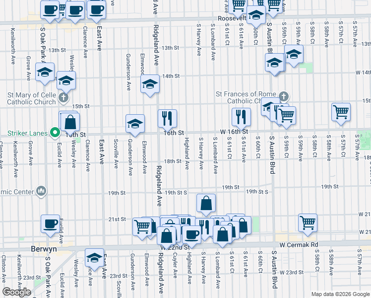 map of restaurants, bars, coffee shops, grocery stores, and more near 1614 Highland Avenue in Berwyn