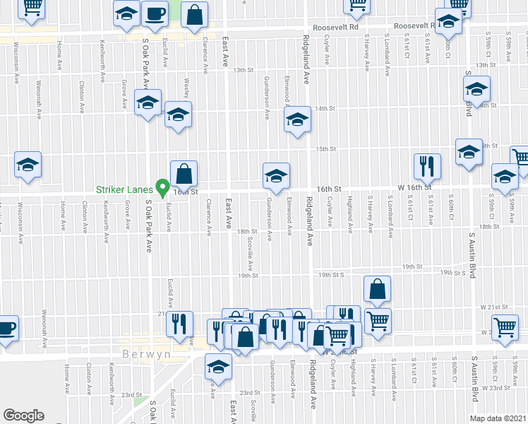 map of restaurants, bars, coffee shops, grocery stores, and more near 1612 Gunderson Avenue in Berwyn