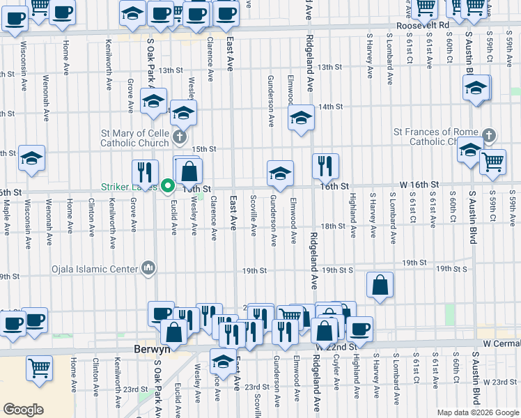 map of restaurants, bars, coffee shops, grocery stores, and more near 1612 Scoville Avenue in Berwyn