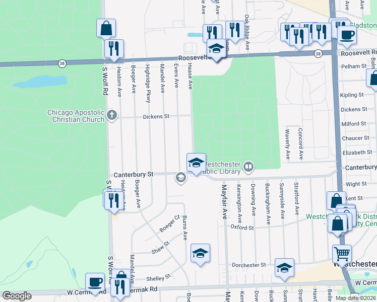 map of restaurants, bars, coffee shops, grocery stores, and more near 1459 Evers Avenue in Westchester