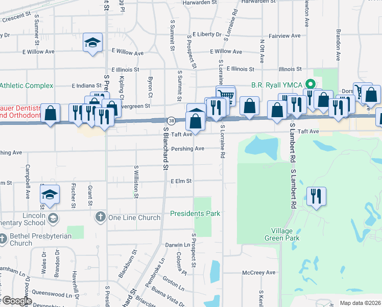 map of restaurants, bars, coffee shops, grocery stores, and more near 815 South Prospect Street in Wheaton