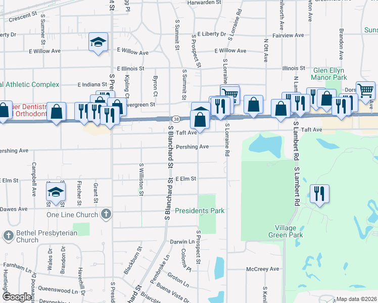 map of restaurants, bars, coffee shops, grocery stores, and more near 1421 Pershing Avenue in Wheaton