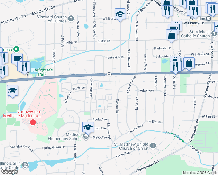 map of restaurants, bars, coffee shops, grocery stores, and more near 1422 Woodcutter Lane in Wheaton