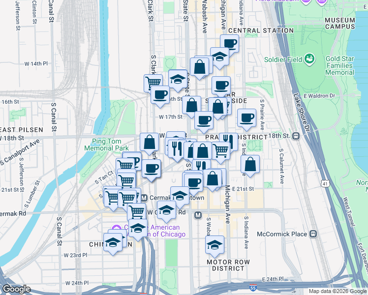 map of restaurants, bars, coffee shops, grocery stores, and more near 1805 South State Street in Chicago