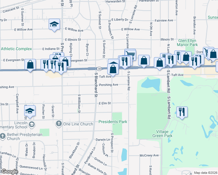 map of restaurants, bars, coffee shops, grocery stores, and more near 815 South Prospect Street in Wheaton
