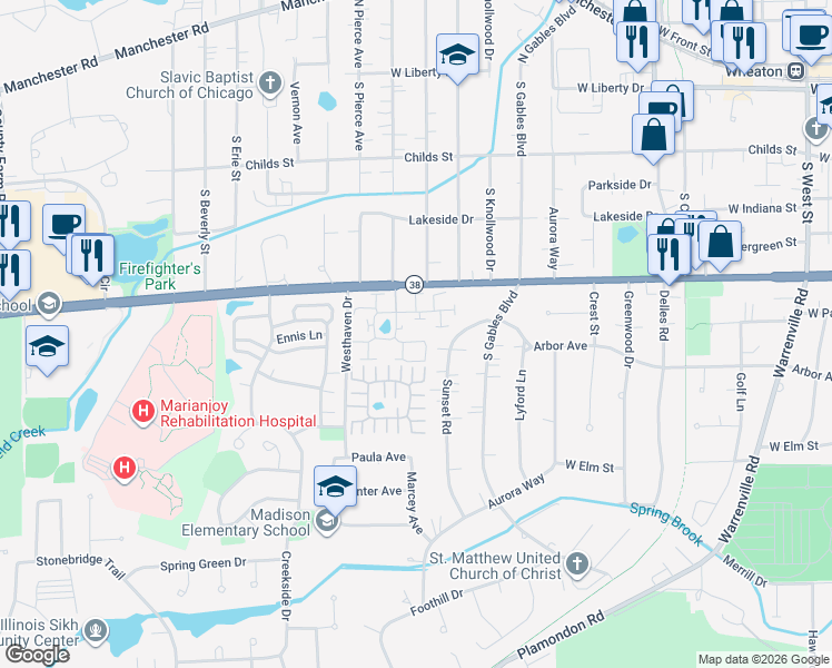 map of restaurants, bars, coffee shops, grocery stores, and more near 1422 Woodcutter Lane in Wheaton