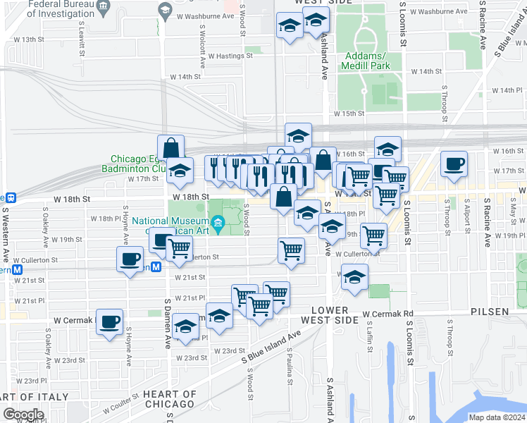 map of restaurants, bars, coffee shops, grocery stores, and more near 1734 West 18th Place in Chicago