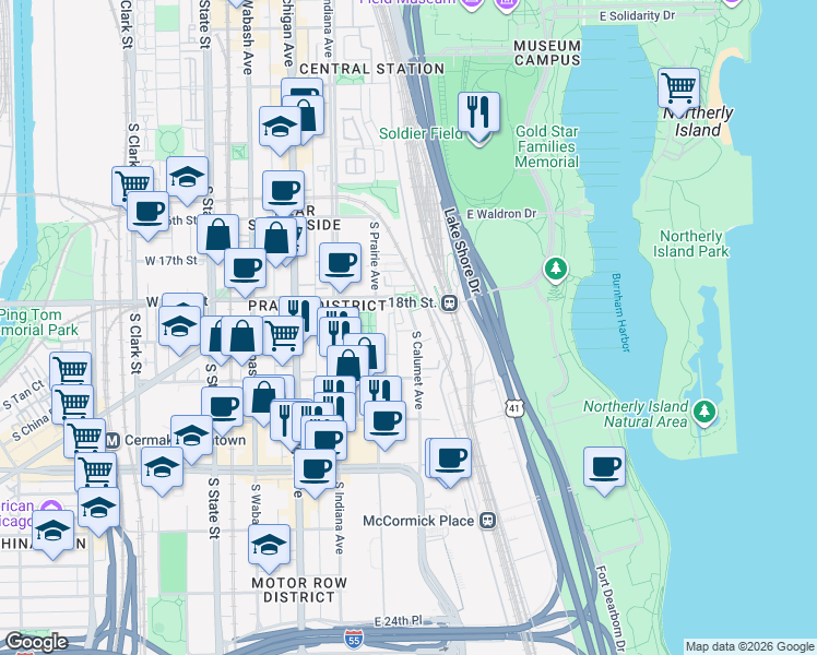 map of restaurants, bars, coffee shops, grocery stores, and more near in Chicago