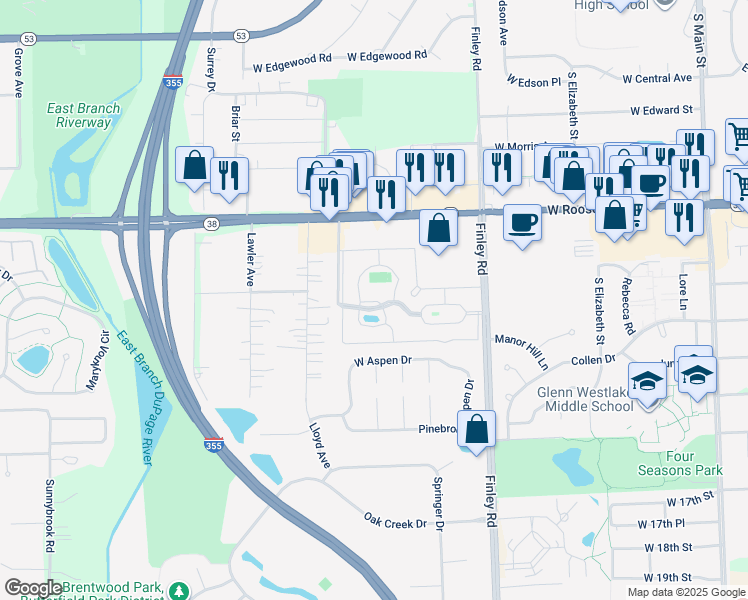 map of restaurants, bars, coffee shops, grocery stores, and more near 1300 South Finley Road in Lombard