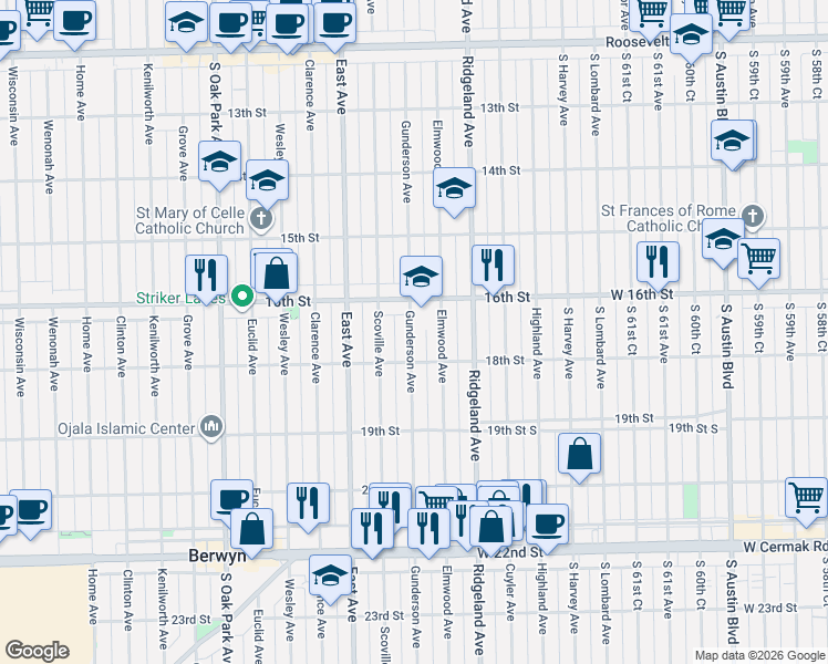 map of restaurants, bars, coffee shops, grocery stores, and more near 1612 Gunderson Avenue in Berwyn