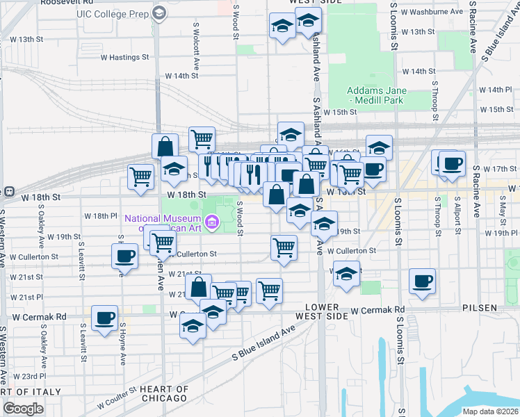 map of restaurants, bars, coffee shops, grocery stores, and more near 1747 West 18th Street in Chicago