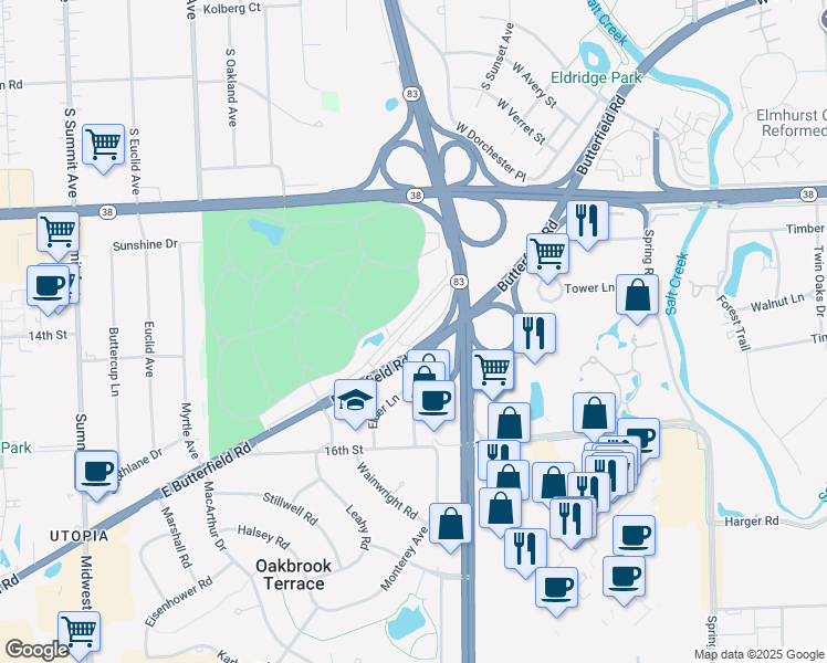 map of restaurants, bars, coffee shops, grocery stores, and more near 720 Butterfield Road in Oakbrook Terrace