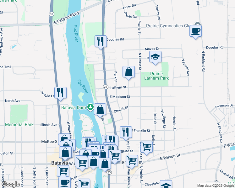map of restaurants, bars, coffee shops, grocery stores, and more near 612 Park Street in Batavia