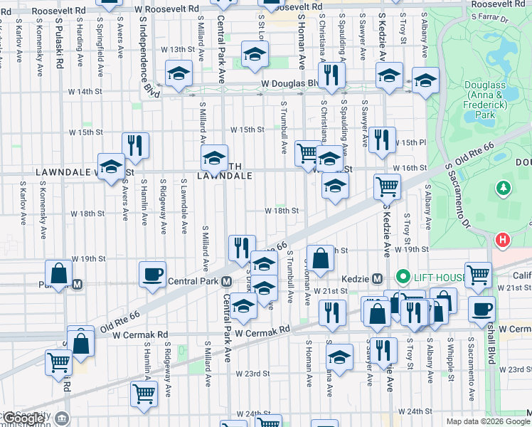 map of restaurants, bars, coffee shops, grocery stores, and more near 1651 South Saint Louis Avenue in Chicago