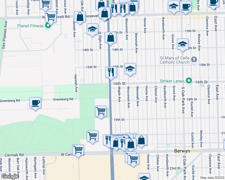 map of restaurants, bars, coffee shops, grocery stores, and more near 22 South Harlem Avenue in Forest Park