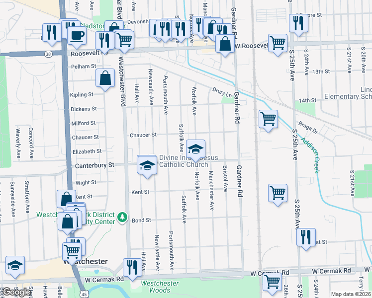 map of restaurants, bars, coffee shops, grocery stores, and more near 1516 Norfolk Avenue in Westchester