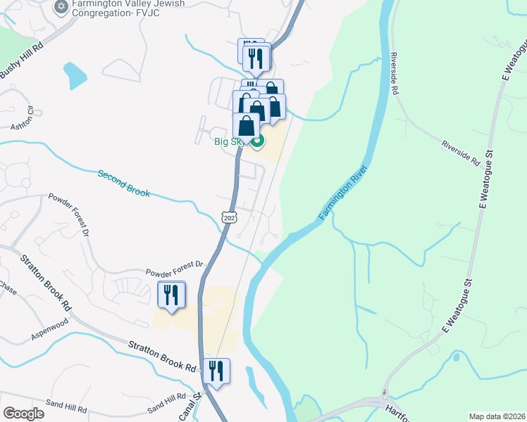 map of restaurants, bars, coffee shops, grocery stores, and more near 5 Riverview Circle in Simsbury