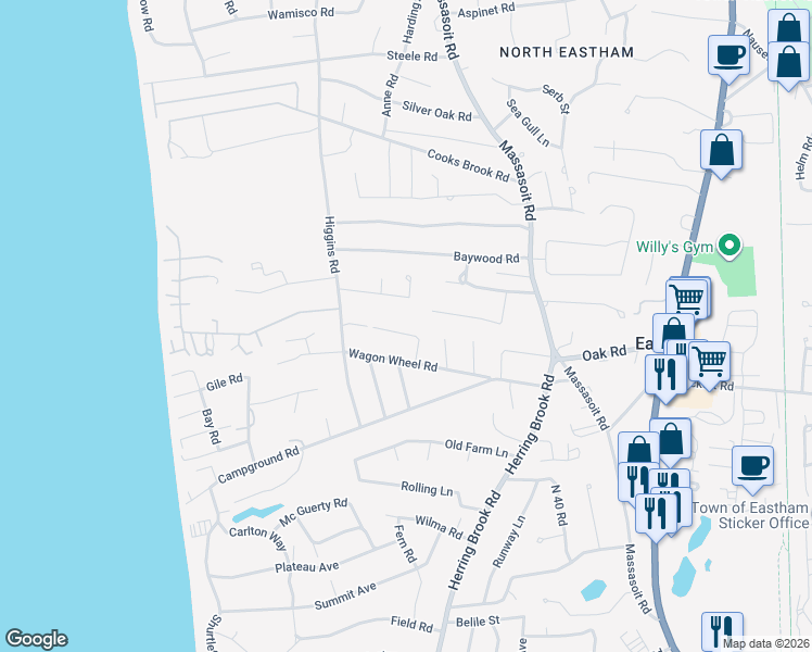 map of restaurants, bars, coffee shops, grocery stores, and more near 50 Mayflower Road in Eastham