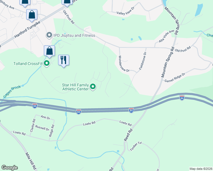 map of restaurants, bars, coffee shops, grocery stores, and more near 73 Belvedere Drive in Tolland