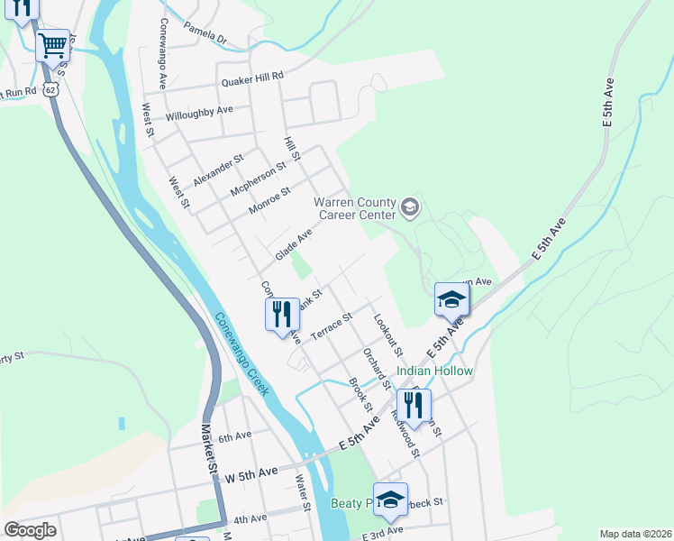 map of restaurants, bars, coffee shops, grocery stores, and more near 506 Mulberry St in Warren